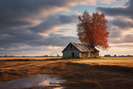 木屋与秋天背景图片