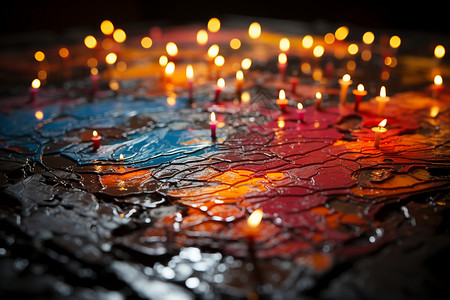 湿润的桌子上点亮的蜡烛背景图片