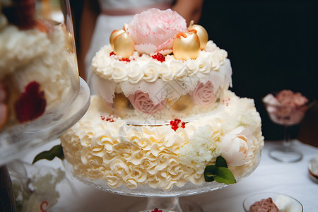 新鲜烘焙的奶油婚礼蛋糕背景图片