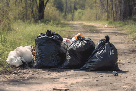 环保塑料垃圾堆在森林旁背景
