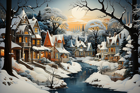 冬季卡通小镇建筑背景图片