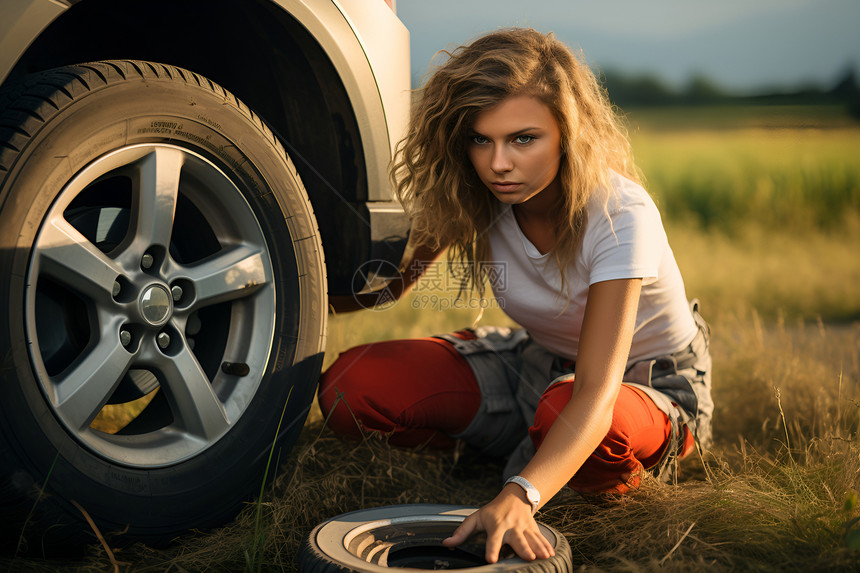 草地上维修汽车的女子图片