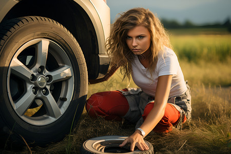 草地上维修汽车的女子背景图片