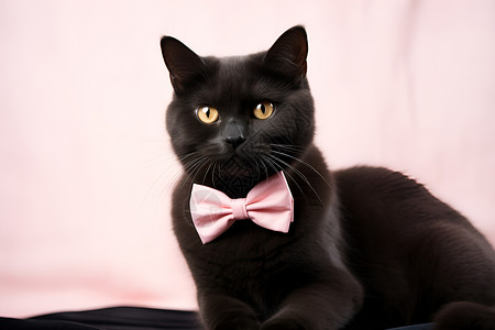 带蝴蝶结黑猫戴着粉色蝴蝶结的黑猫背景