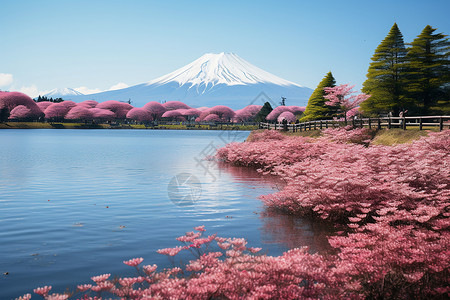 日本湖泊樱花湖边的富士山背景