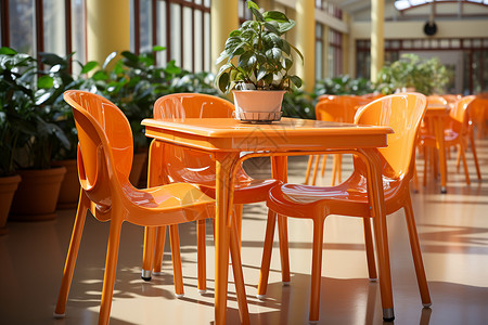餐厅里橙色塑料桌椅背景图片