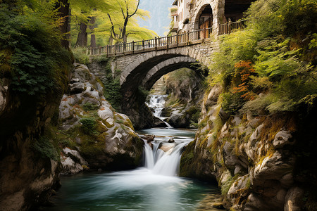 瀑布下的一座桥背景图片