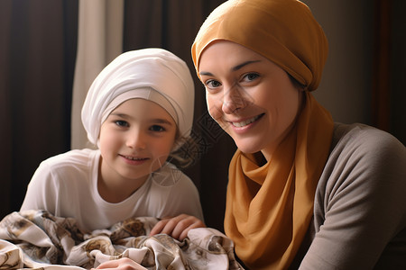 戴头巾的母女背景图片