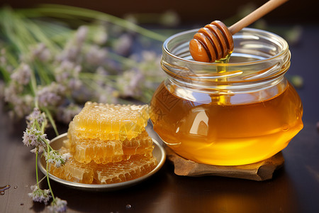 花香背景餐桌上的蜂蜡和蜂蜜背景