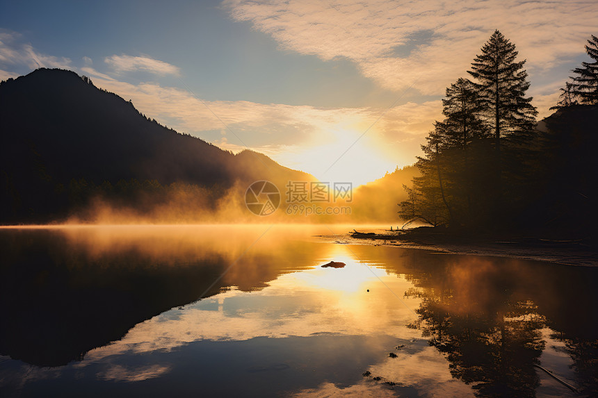 黎明初曦的山林湖泊景观图片