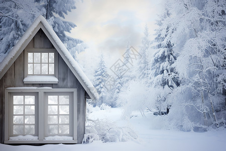 雪景森林雪中的木屋设计图片