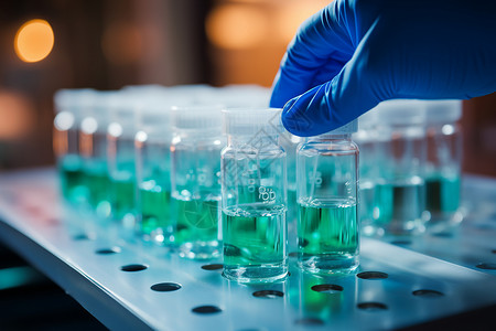 蓝色化学实验室中手持绿液试管背景