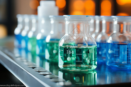 实验室玻璃器皿上的蓝绿溶液高清图片