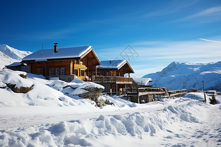 小屋前的积雪背景图片