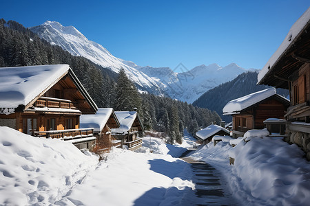 雪山村庄的冬日景象高清图片