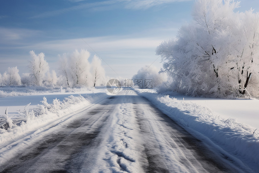 冰雪覆盖的冬季公路图片