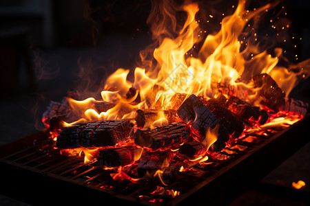 火碳黑色烤架上的火焰背景
