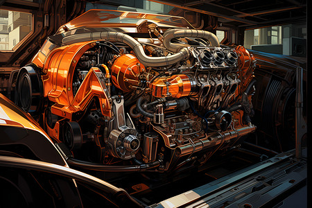 汽车发动机引擎精密引擎的工艺插画