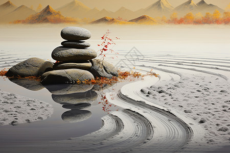 石头鹅卵石湖中石塔插画