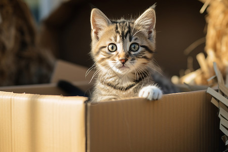 猫在纸箱中宠物牵引高清图片