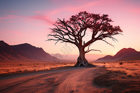 沙漠道路中间的树木背景图片