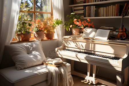沙发旁的白色钢琴背景图片