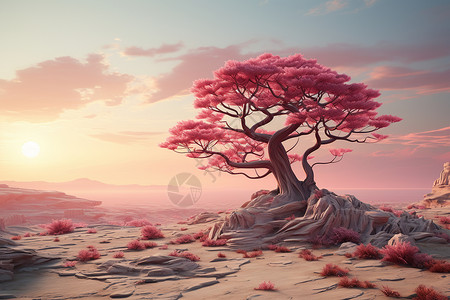 岩石流水峡谷的粉色树木插画
