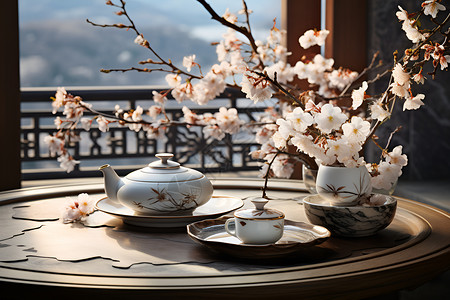 桌子上的茶具茶杯背景图片