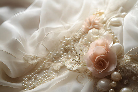 粉婚礼白色丝绸上的粉花背景
