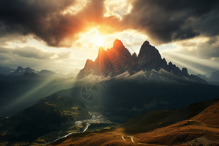 户外壮观的山峰和日落背景图片
