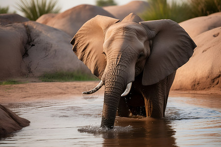 水池里喝水的大象背景图片