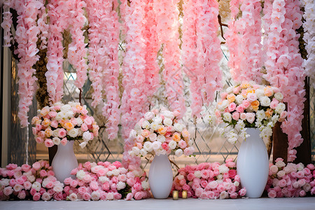 婚礼花墙舞台上温馨的花墙设计背景