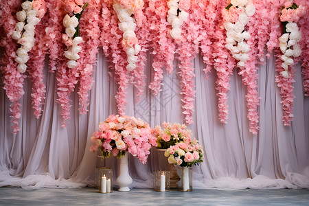 花朵簇拥舞台婚礼舞台上浪漫的花朵装饰背景