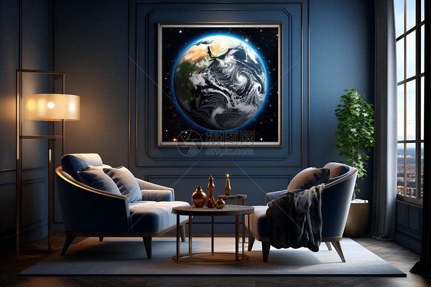 客厅里的地球挂画图片