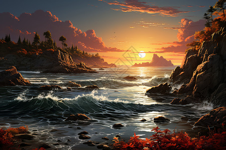 夕阳下的海岸风景背景图片