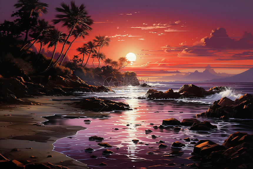 日落下的海边油画图片