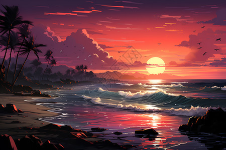 夕阳下的海浪背景图片