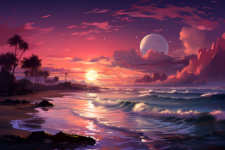日落时海边的海浪背景图片