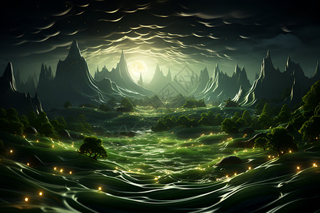 迷幻绘画中的翠绿海浪背景图片