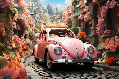浪漫街道上的老式汽车背景图片