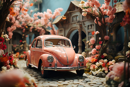 梦幻小镇中的老式汽车背景图片