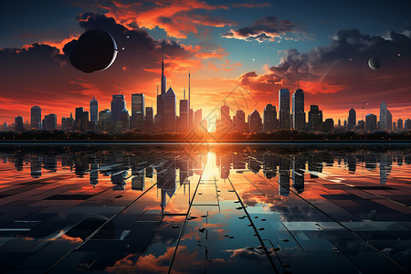 巨岩未来城市二进制代码下的夕阳巨楼设计图片
