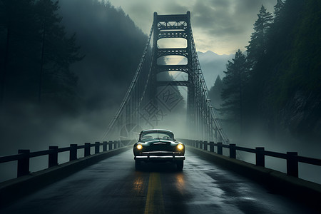 汽车穿过迷雾笼罩的桥梁背景图片