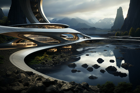 河流山谷山谷里的未来建筑设计图片