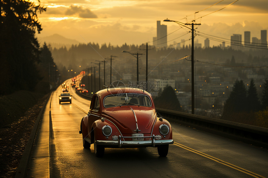 城市道路上的红色汽车图片