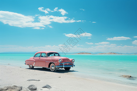 海滩上的粉色轿车背景图片