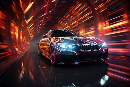霓虹隧道中的未来汽车背景图片