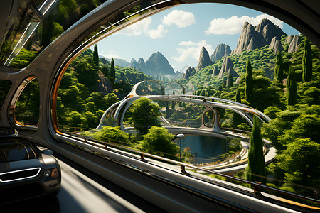 未来汽车穿梭于山谷城市背景图片