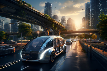 夕阳中麋鹿城市中的未来汽车设计图片