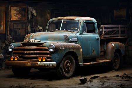 废弃车间中的旧卡车背景图片